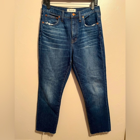 Madewell The High Rise Slim Boyjean Distressed Denim Cotton Jeans Size 27 Blue - Picture 2 of 15